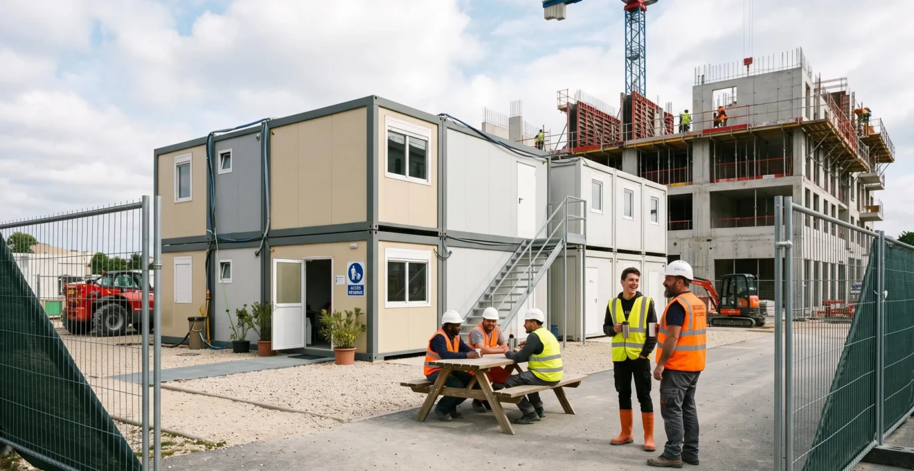 Base vie composée de plusieurs bâtiments modulaires préfabriqués installés sur un chantier de construction, avec des compagnons en gilets haute visibilité et une structure en construction visible en arrière-plan