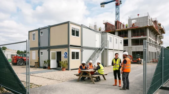Base vie composée de plusieurs bâtiments modulaires préfabriqués installés sur un chantier de construction, avec des compagnons en gilets haute visibilité et une structure en construction visible en arrière-plan