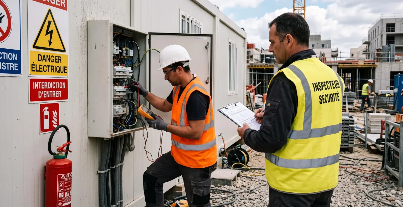 Inspecteur sécurité vérifiant les installations électriques et équipements de sécurité à l'extérieur d'un module préfabriqué sur un chantier