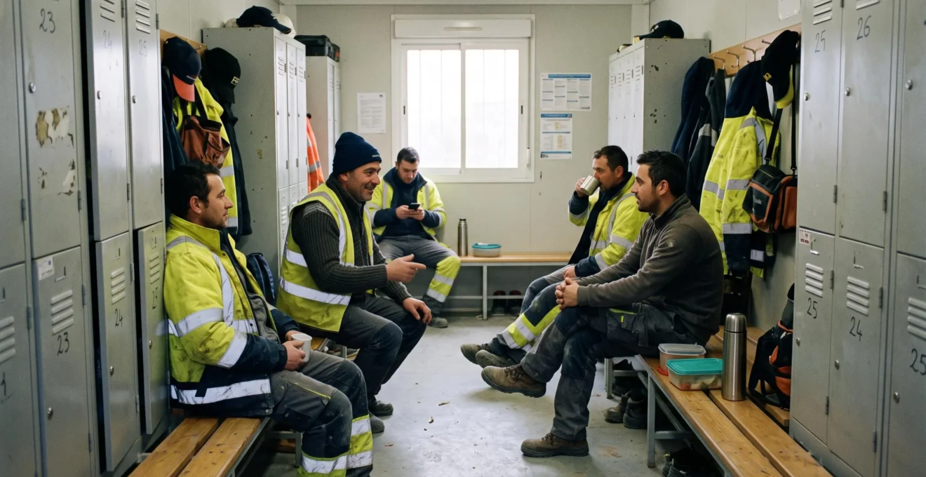 Intérieur d'un module vestiaire de chantier avec des compagnons utilisant les casiers et espaces de pause, aménagement fonctionnel avec bancs et rangements